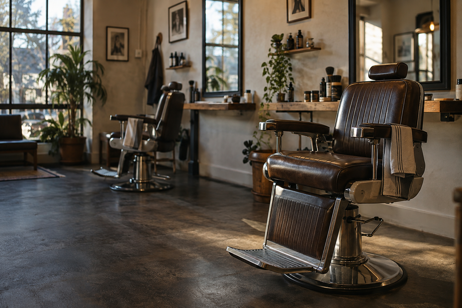 Leather barber chair in Studio North’s sunlit shop